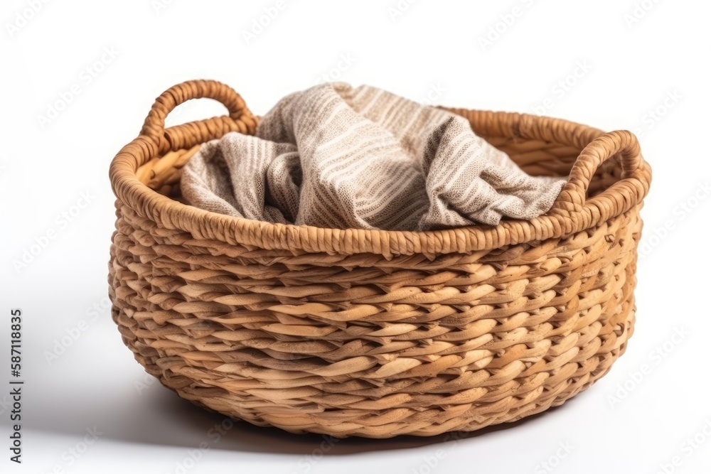 Woven washing basket isolated on white. Modern boho bohemian details. Generative AI