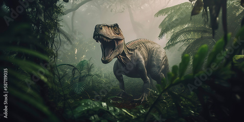a photography of a big T-REX in the jungle © Fernando