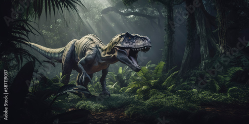 a photography of a big T-REX in the jungle