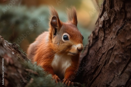 A red squirrel is depicted in the branches of a tree. Generative AI © AkuAku