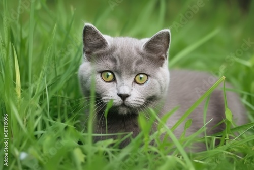 In green grass, a lovely small gray cat british kitten lies. Generative AI
