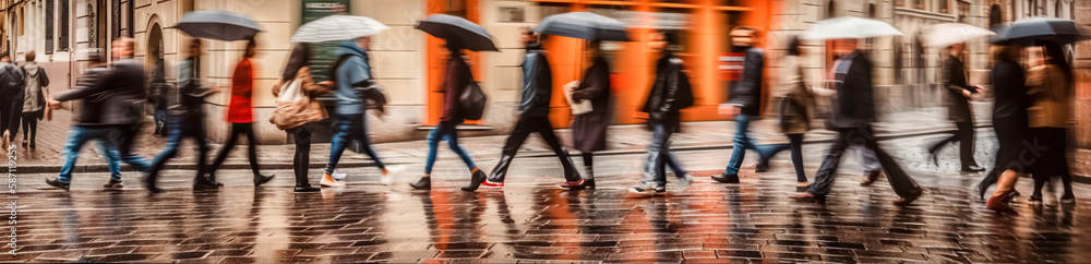 Fototapeta premium Lots of people walking around the city. Blurred image, wide panoramic view of the road with people on a rainy day.