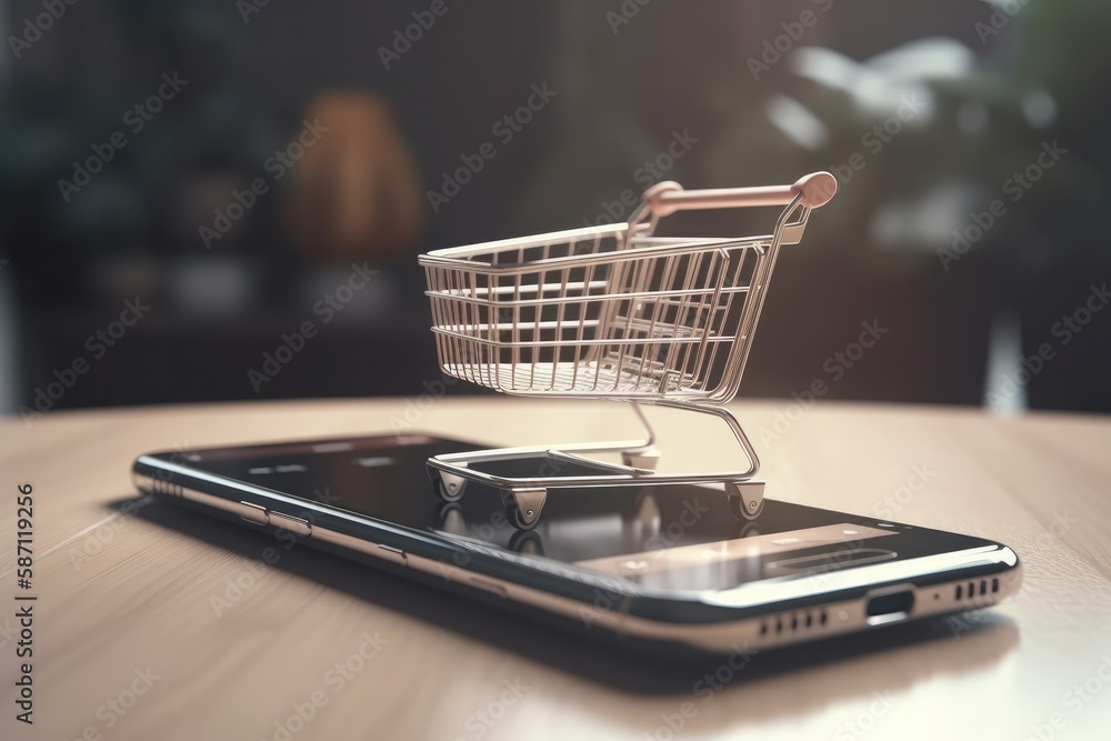 Shopping cart with empty smartphone screen on a yellow background Generative AI