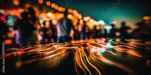Party beach. Blurred people having night beach party in summer vacation. Bokeh People have fun at night on a beach. Concept of nightlife with cocktails and music entertainment. 
