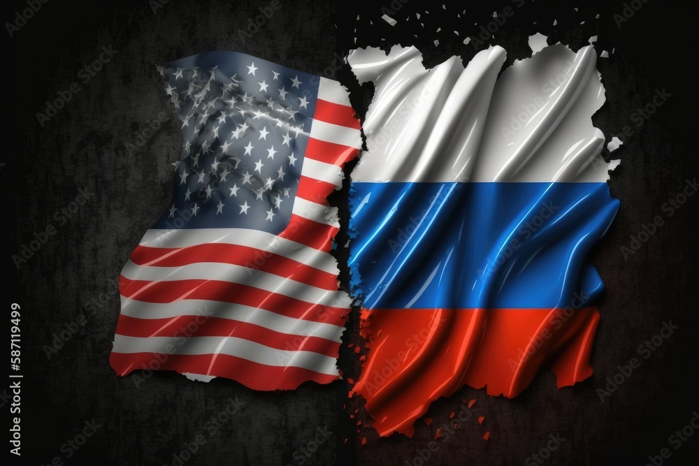 American and russia flags on black background. Concept of conflict war. Generative ai.