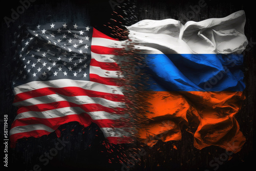 American and russia flags on black background. Concept of conflict war. Generative ai.