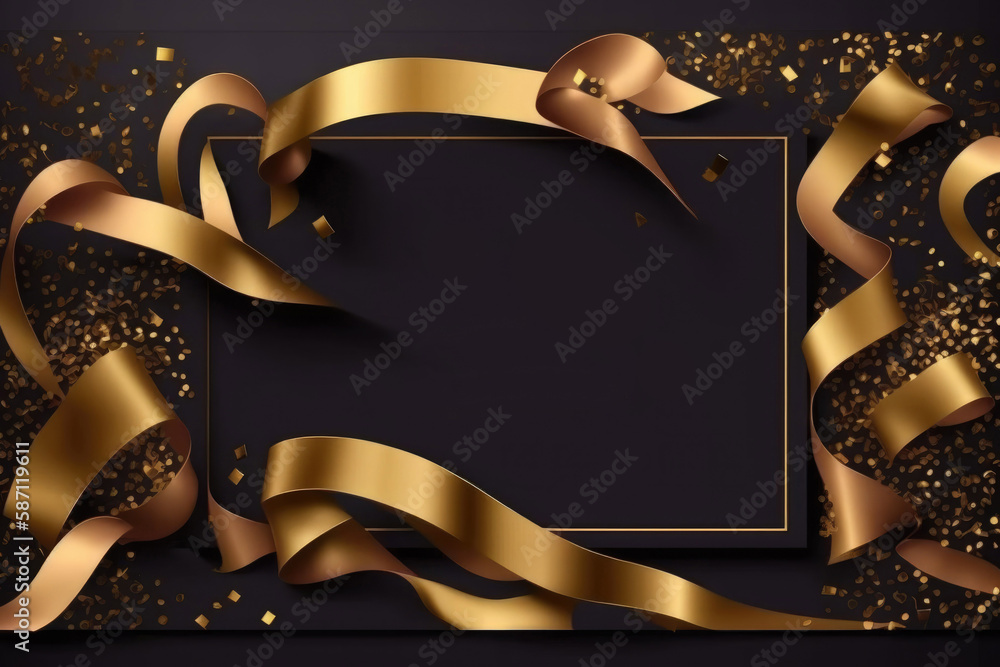 Celebration background template with confetti and gold ribbons. luxury