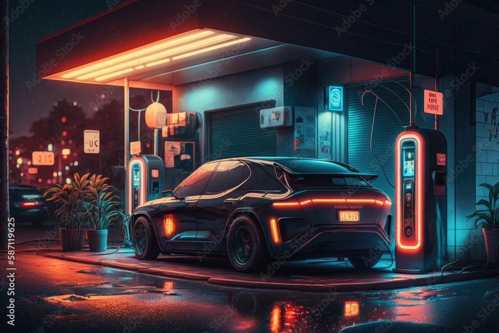 Electric car charging at a gas station in the city, industrial landscape, neon elements, healthy environment without harmful emissions. Eco concept. Generative ai.