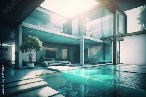 modern house with inside pool  backlight  ultra wide and modern. Generative ai.