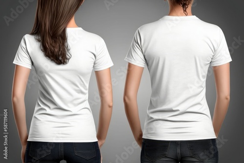 T-shirt mockup. White blank t-shirt front and back views. Female and male clothes wearing clear attractive apparel tshirt models template. Generative ai.