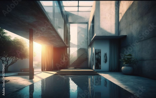 modern house with inside pool, backlight, ultra wide and modern. Generative ai. © VisualProduction