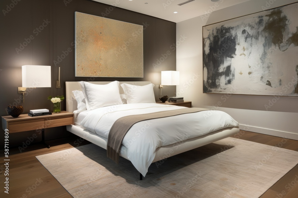 Bedroom: As you walk into the bedroom, you see a low platform bed with white bedding and a single piece of abstract art on the wall.  Generative ai.