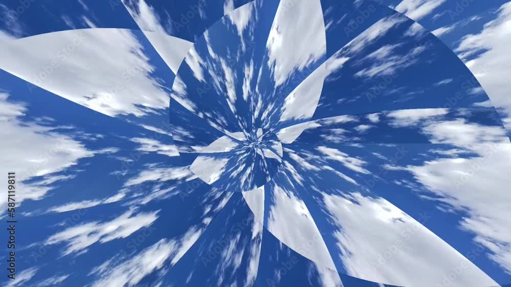 Sky glitch spiralling spinning tornado surreal cyclone of blue sky and colorful fractals, texture background animation for vj, dj music visualizer