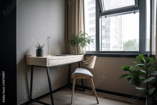 Study: As you enter the study, you see a minimalist desk with a sleek chair and a single plant on the windowsill. Generative ai. © VisualProduction