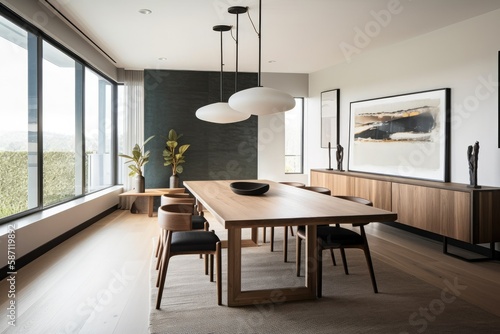 Dining Room  As you step into the dining room  you see a long wooden table with sleek chairs. You notice the statement lighting fixture above the table and the minimalistic wall art. Generative ai