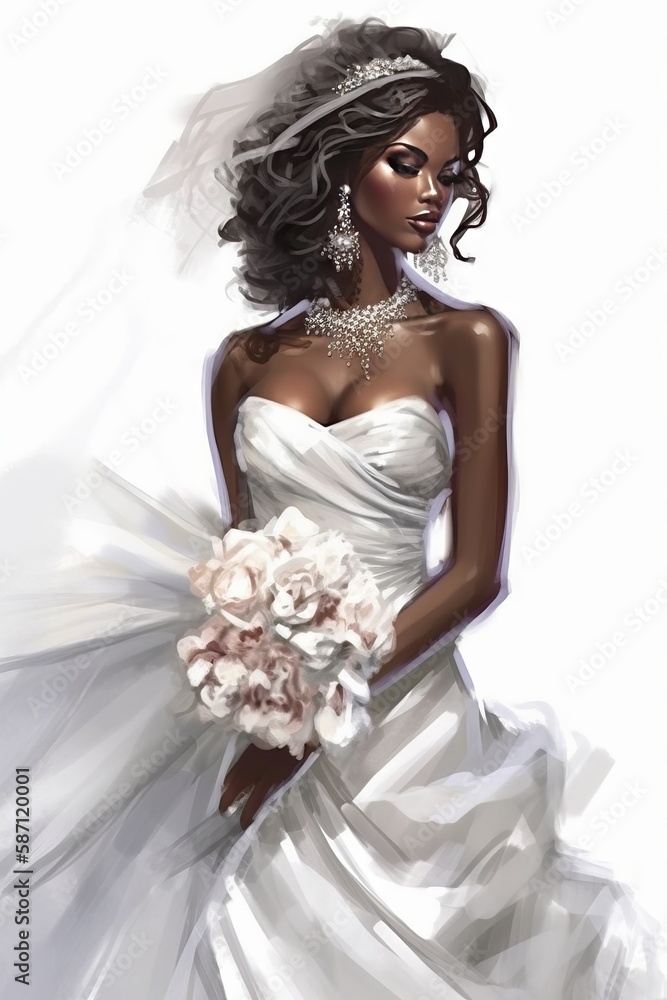 A bridal concept sketch with a beautiful African American bride. Generative AI. A bridal concept sketch with a beautiful African American bride. Generative AI.