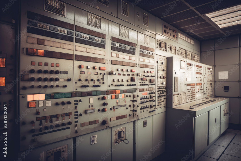 Industrial control panel at the energy plant. Energy and power generation. Selective focus closeup. Main safety board at power station. Generative ai.