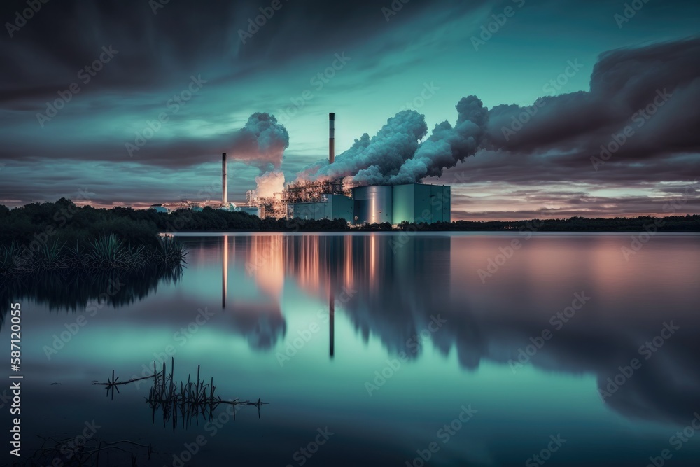 thermo power plant, blue hour shot, lake in foreground, few clouds and vibrant sky. Generative ai.