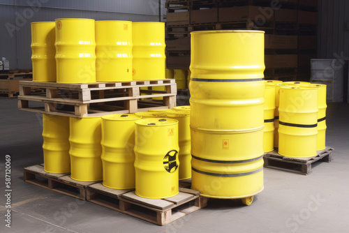 Group of yellow drums with radioactive waste on shipping pallets in warehouse. Generative ai.