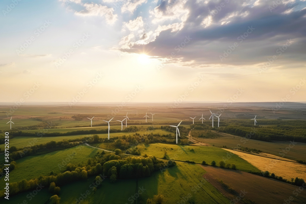 Wind Turbines Windmill Energy, green landscape, aerial view. Generative ai.