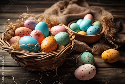 rustic Easter basket filled with colorful eggs on a wooden table. Generative AI