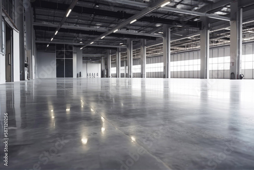 Concrete floor inside industrial building. Use as large factory, warehouse, storehouse, hangar or plant. Modern interior with metal wall and steel structure. Generative ai. © VisualProduction