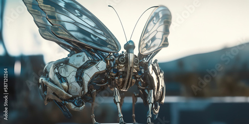 amazing macro photography of a cyborg butterfly in the nature, futuristic, robot implants