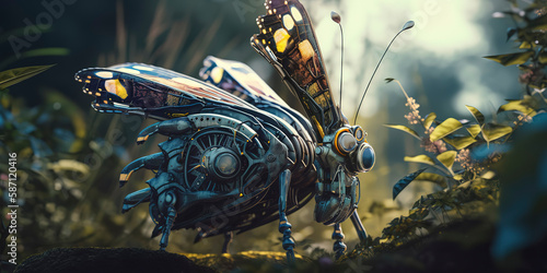 amazing macro photography of a cyborg butterfly in the nature, futuristic, robot implants photo