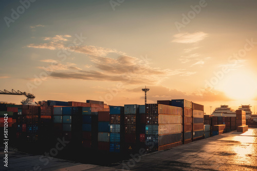 Storage at port with containers at sunset. Generative ai.