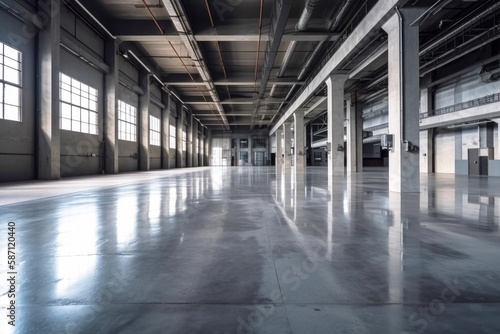 Concrete floor inside industrial building. Use as large factory  warehouse  storehouse  hangar or plant.Generative ai.