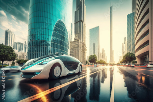 autonomous driving car in city. Generative ai.