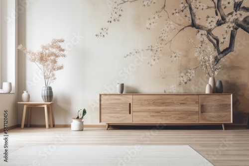Bleached Japanese living room. Wooden dresser with wall mockup. Parquet. Interior design, panorama,. Generative AI