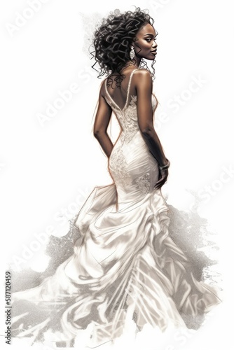 A bridal concept sketch with a beautiful African American bride. Generative AI. © Elle Arden 