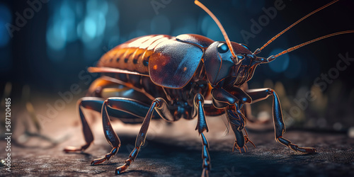 amazing macro photography of a cyborg cockroach in the nature, futuristic, robot implants © Fernando