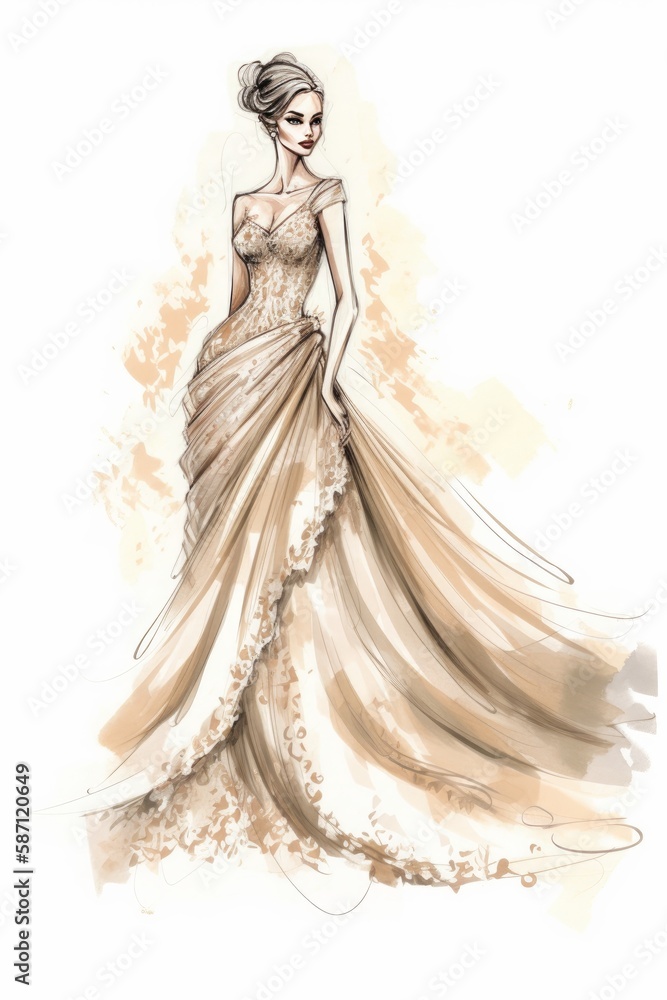 Fototapeta premium A bridal concept sketch with a beautiful bride. Generative AI.