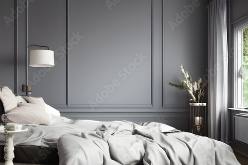Fototapete Messy bed against grey bedroom wall with panel moulding