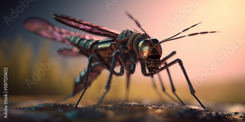 amazing macro photography of a cyborg mosquito in the nature, futuristic, robot implants