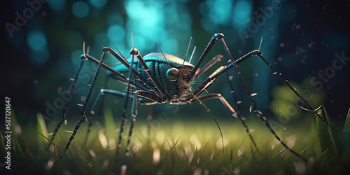 amazing macro photography of a cyborg mosquito in the nature, futuristic, robot implants photo