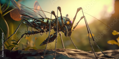 amazing macro photography of a cyborg mosquito in the nature, futuristic, robot implants photo