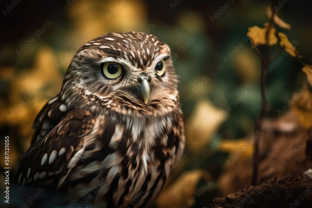 Fototapeta premium little owl against a blurry background. Excellent photo. Generative AI