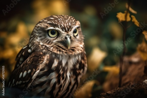 little owl against a blurry background. Excellent photo. Generative AI