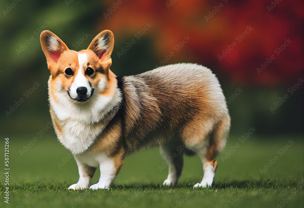Welsh Corgi on green grass, Queen of England's favorite dog, generative AI Welsh Corgi on green grass, Queen of England's favorite dog, generative AI