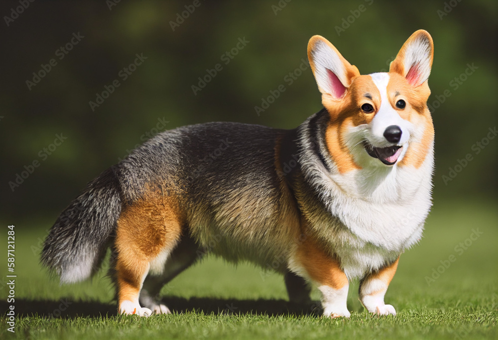 Welsh Corgi on green grass, Queen of England's favorite dog, generative AI Welsh Corgi on green grass, Queen of England's favorite dog, generative AI