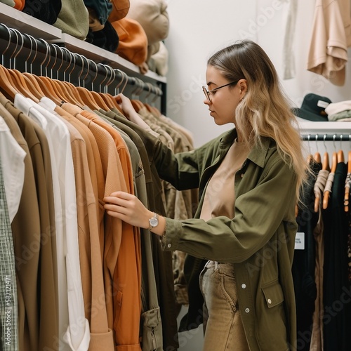 person shopping in thrift store for fashionable clothing at a discount, eco friendly, reusable, ai generated