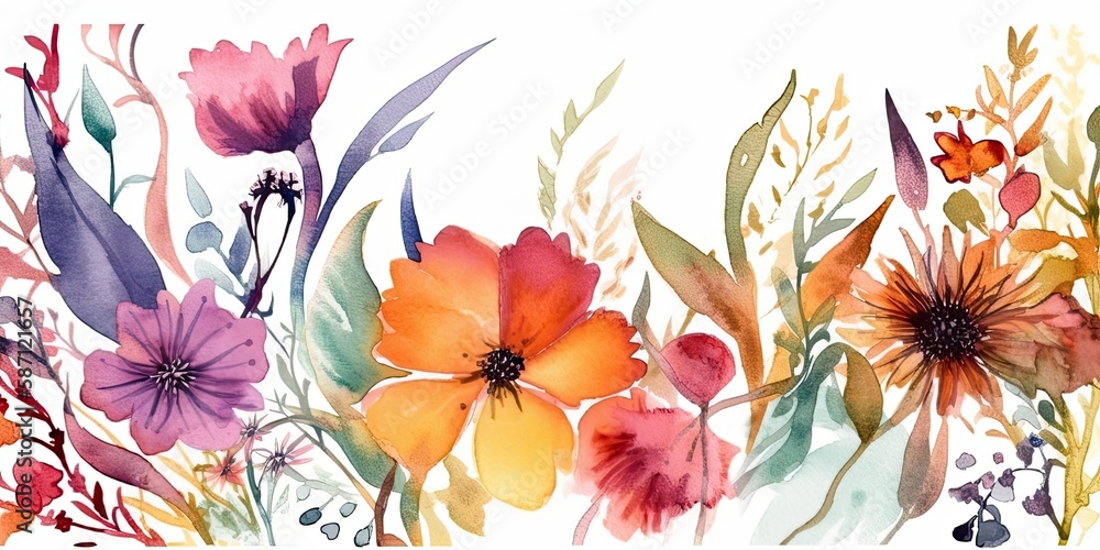 Watercolor colorful flowers creating a border with space for Copy  - Generative AI Art