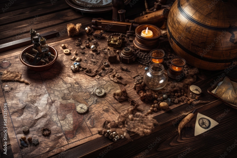 Background with a pirate treasure map, brown wooden table, and other series.Generative AI Background with a pirate treasure map, brown wooden table, and other series.Generative AI