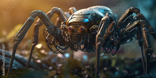 amazing macro photography of a cyborg spider in the nature, futuristic, robot implants photo