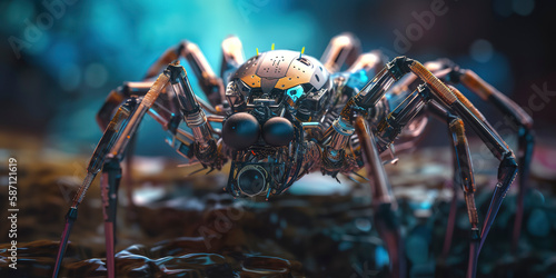 amazing macro photography of a cyborg spider in the nature, futuristic, robot implants