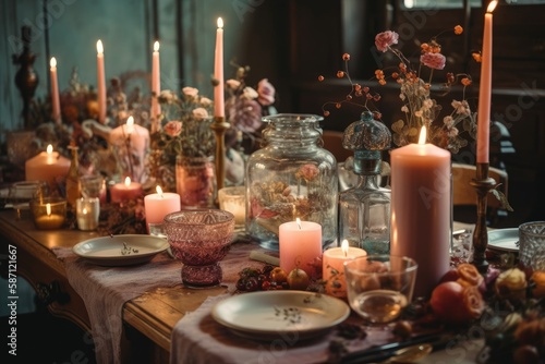 Holiday romantic restaurant table arrangement. Newlywed banquet decor. Boho candles with dried flowers. Guest and bride groom care. Generative AI
