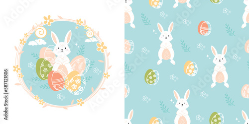 Cartoon and seamless pattern cute kawaii rabbit happy easter. Vector illustration. Kids collection. Design for kids apparel, cards, fabric, wallpaper.